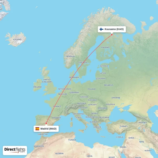 Kuusamo - Madrid direct flight map