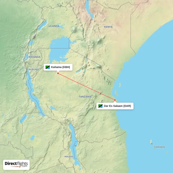 Kahama - Dar Es Salaam direct flight map