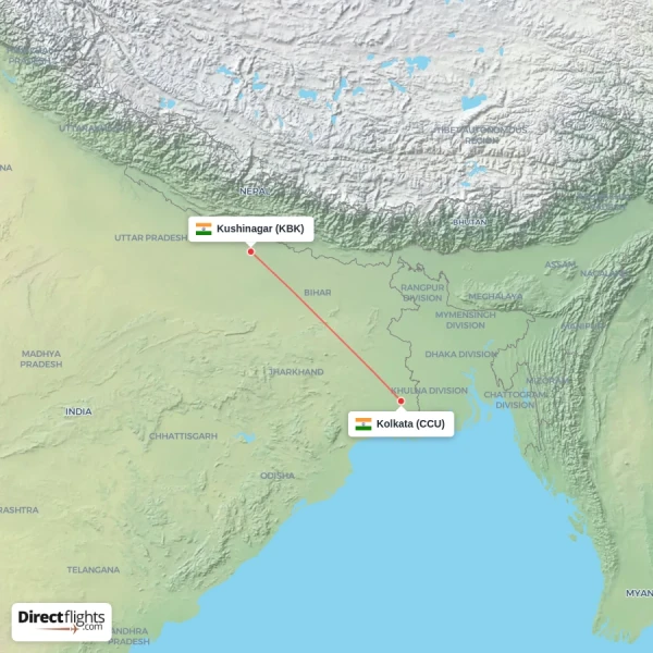 Kushinagar - Kolkata direct flight map