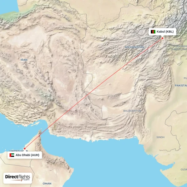 Kabul - Abu Dhabi direct flight map