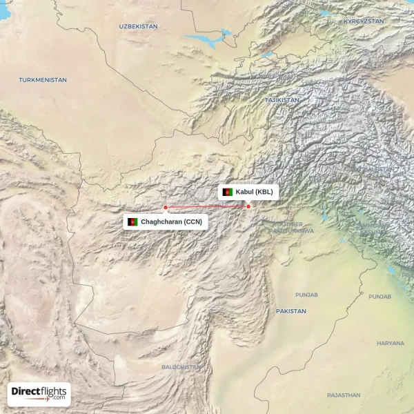 Kabul - Chaghcharan direct flight map