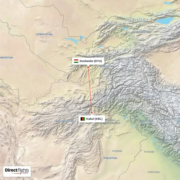 Kabul - Dushanbe direct flight map