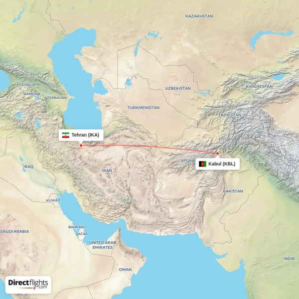 Kabul - Tehran direct flight map