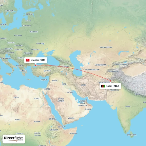 Kabul - Istanbul direct flight map