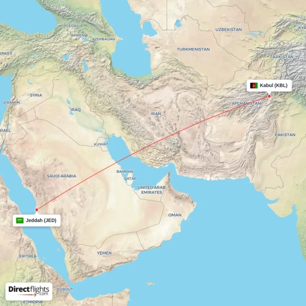 Kabul - Jeddah direct flight map