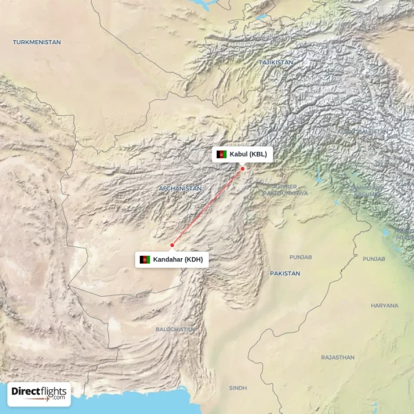 Kabul - Kandahar direct flight map