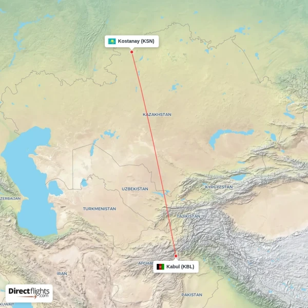Kabul - Kostanay direct flight map