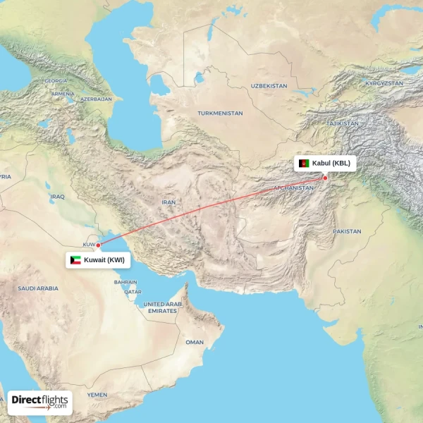 Kabul - Kuwait direct flight map