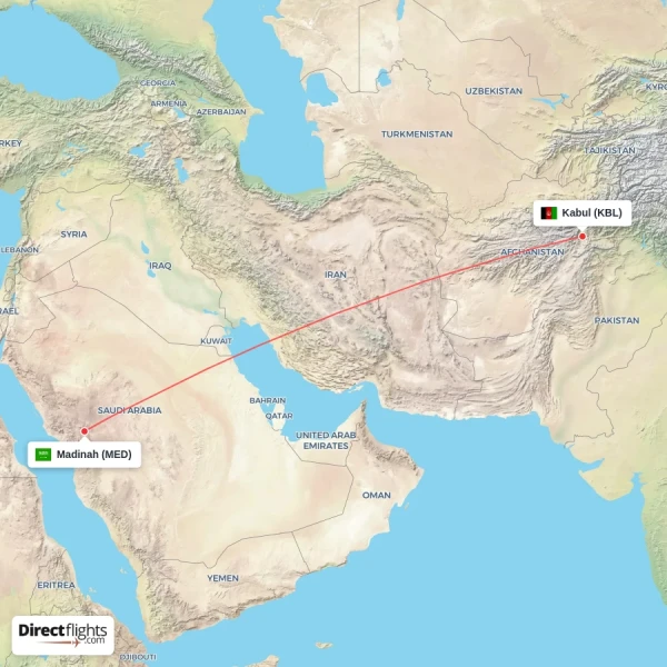 Kabul - Madinah direct flight map