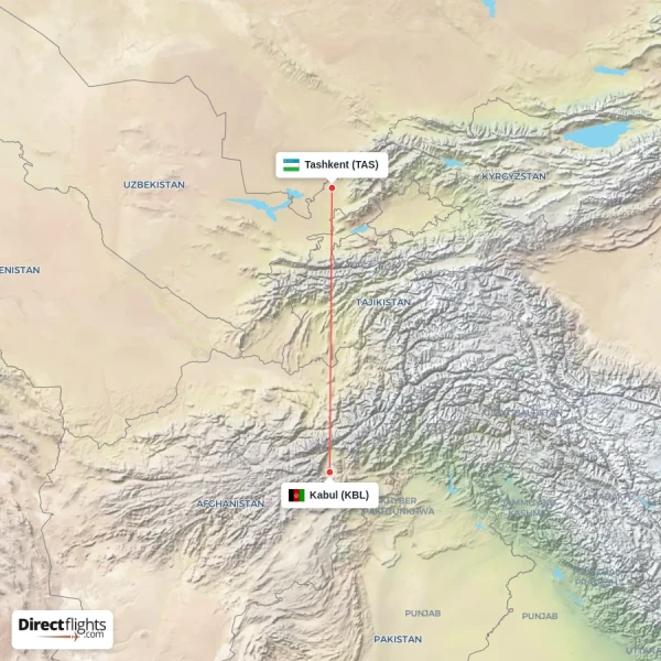 Kabul - Tashkent direct flight map