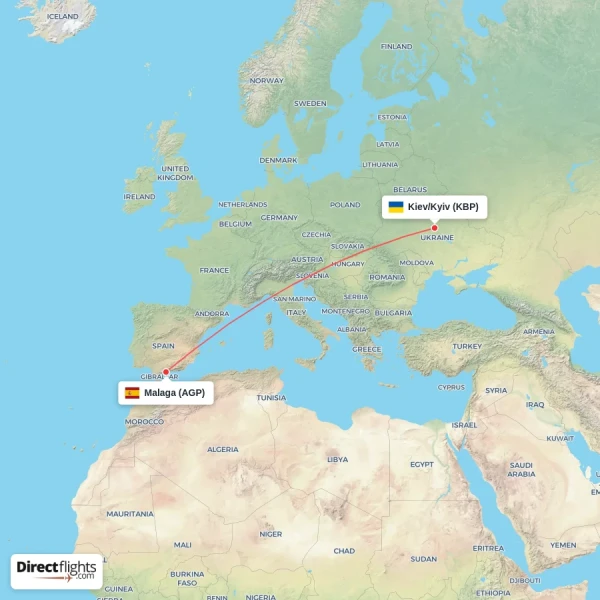 Kiev/Kyiv - Malaga direct flight map