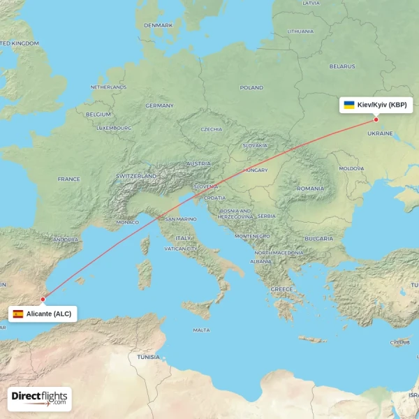 Kiev/Kyiv - Alicante direct flight map