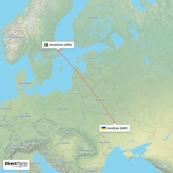 Kiev/Kyiv - Stockholm direct flight map