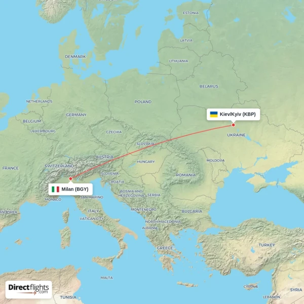 Kiev/Kyiv - Milan direct flight map