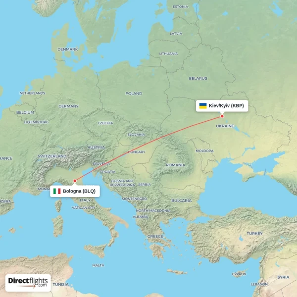 Kiev/Kyiv - Bologna direct flight map