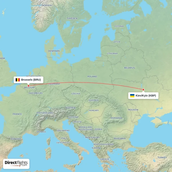 Kiev/Kyiv - Brussels direct flight map