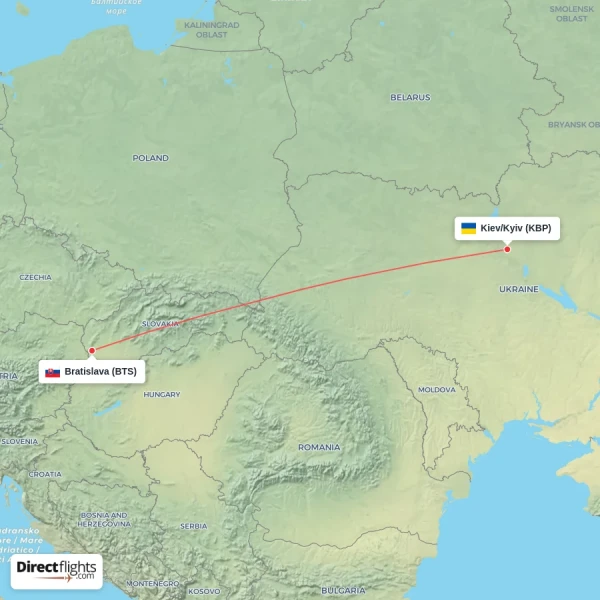 Kiev/Kyiv - Bratislava direct flight map