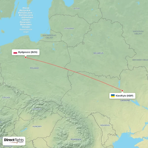 Kiev/Kyiv - Bydgoszcz direct flight map