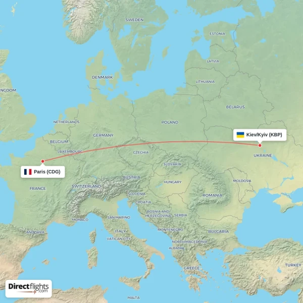 Kiev/Kyiv - Paris direct flight map