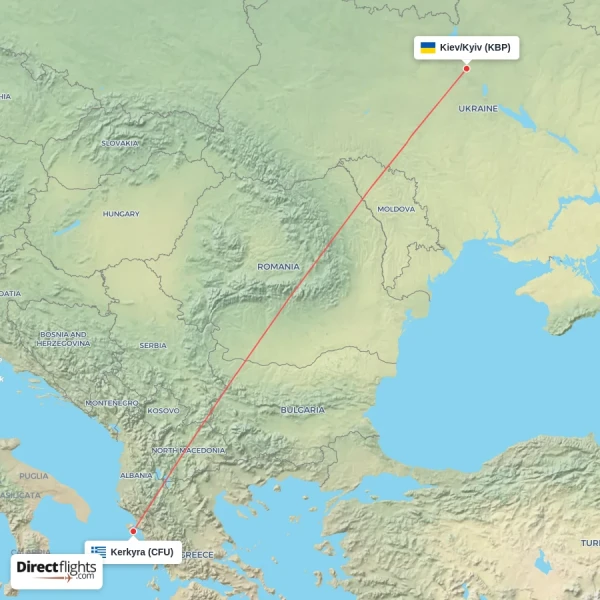 Kiev/Kyiv - Kerkyra direct flight map