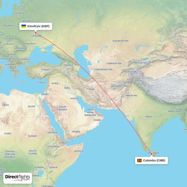 Kiev/Kyiv - Colombo direct flight map