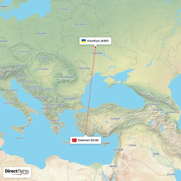 Kiev/Kyiv - Dalaman direct flight map