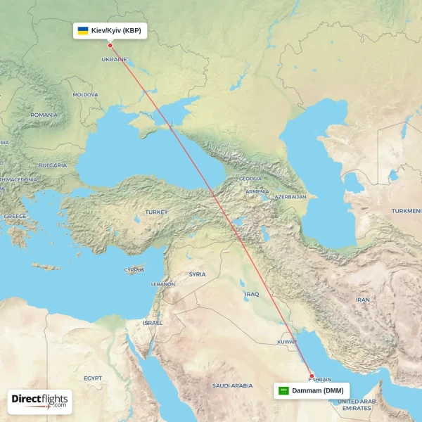 Kiev/Kyiv - Dammam direct flight map