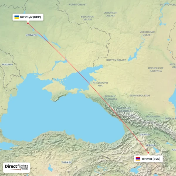 Kiev/Kyiv - Yerevan direct flight map