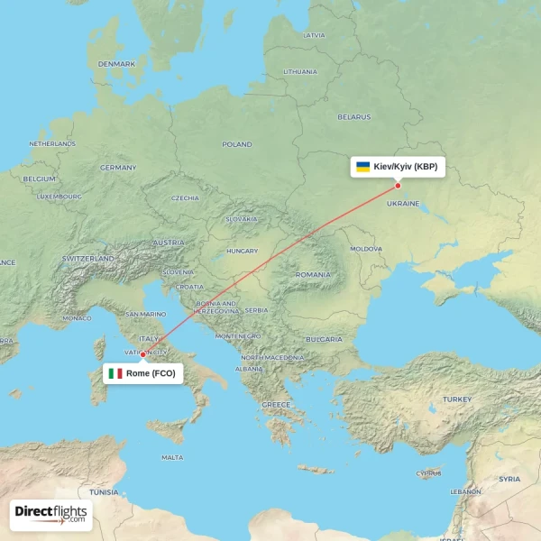 Kiev/Kyiv - Rome direct flight map