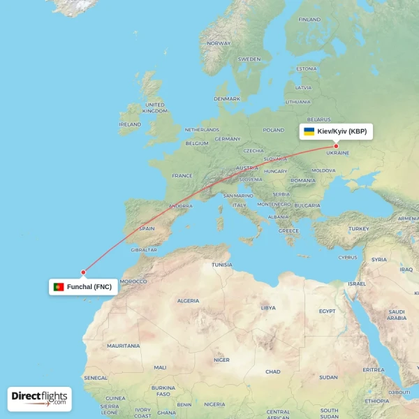 Kiev/Kyiv - Funchal direct flight map