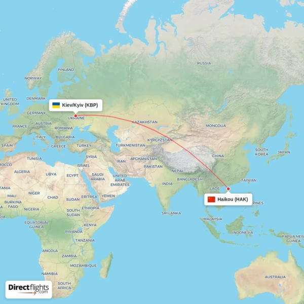 Kiev/Kyiv - Haikou direct flight map