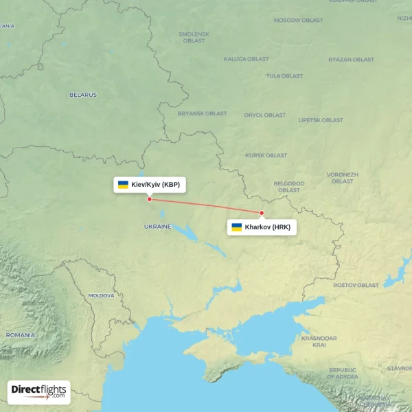Kiev/Kyiv - Kharkov direct flight map
