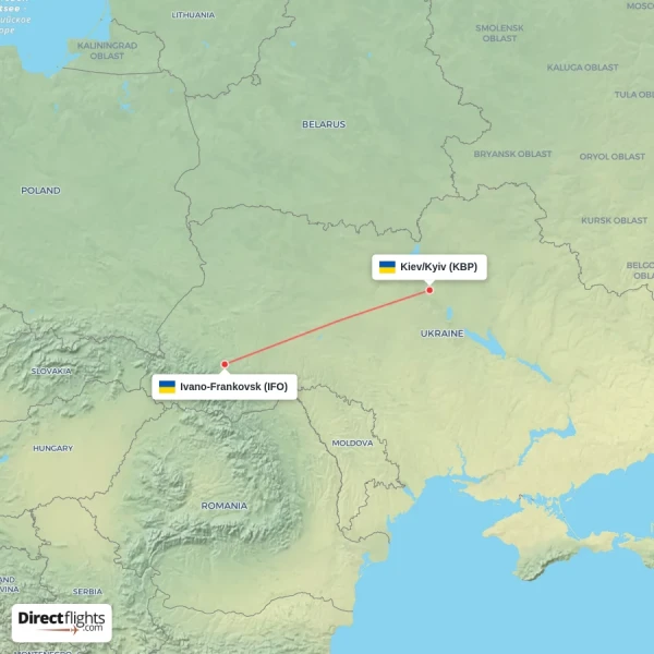 Kiev/Kyiv - Ivano-Frankovsk direct flight map
