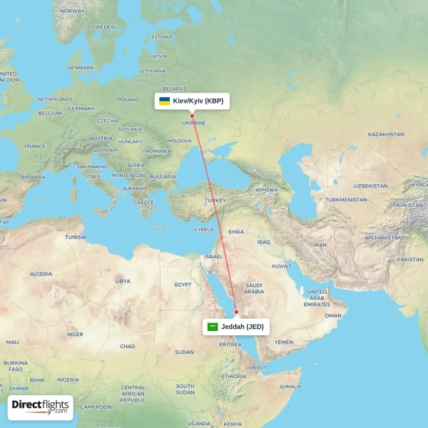 Kiev/Kyiv - Jeddah direct flight map