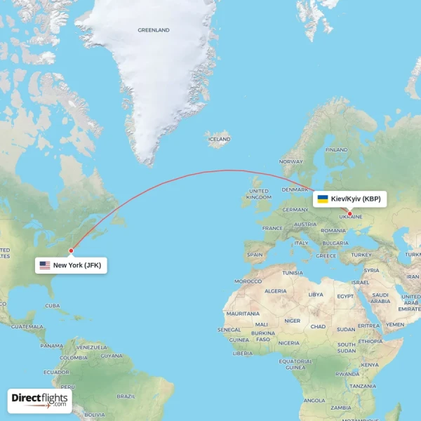 Kiev/Kyiv - New York direct flight map