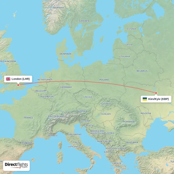 Kiev/Kyiv - London direct flight map