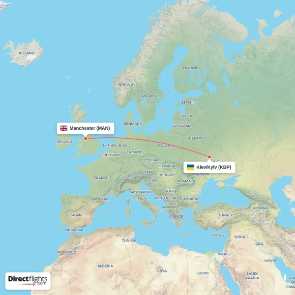 Kiev/Kyiv - Manchester direct flight map
