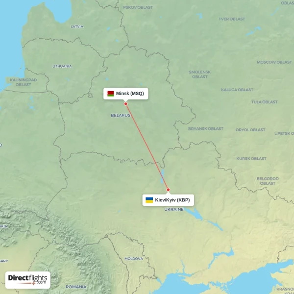 Kiev/Kyiv - Minsk direct flight map