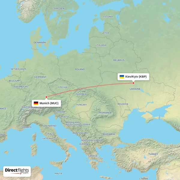 Kiev/Kyiv - Munich direct flight map