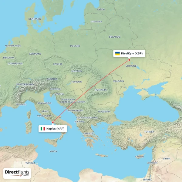 Kiev/Kyiv - Naples direct flight map