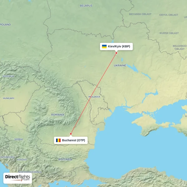 Kiev/Kyiv - Bucharest direct flight map