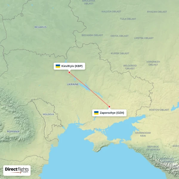 Kiev/Kyiv - Zaporozhye direct flight map