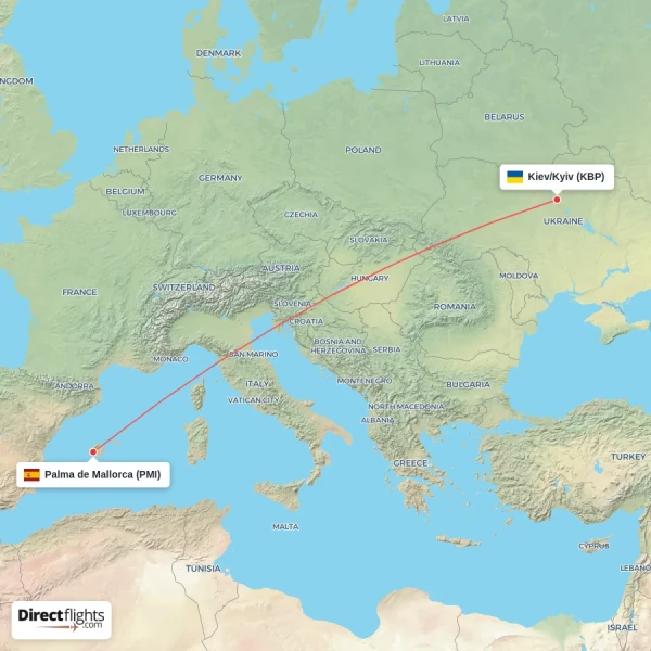 Kiev/Kyiv - Palma de Mallorca direct flight map