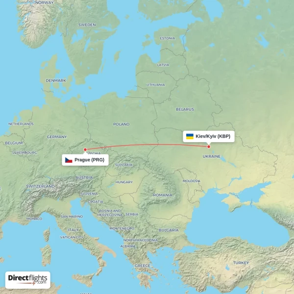 Kiev/Kyiv - Prague direct flight map