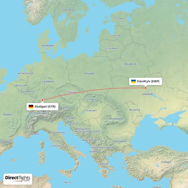 Kiev/Kyiv - Stuttgart direct flight map