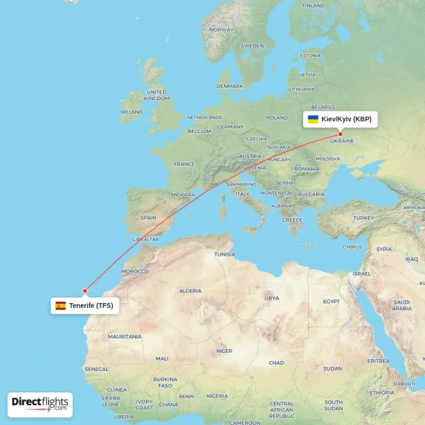 Kiev/Kyiv - Tenerife direct flight map
