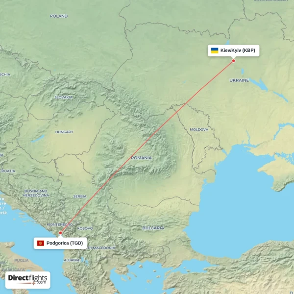 Kiev/Kyiv - Podgorica direct flight map