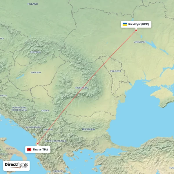 Kiev/Kyiv - Tirana direct flight map