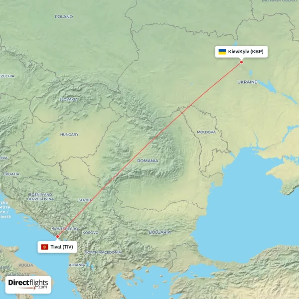 Kiev/Kyiv - Tivat direct flight map