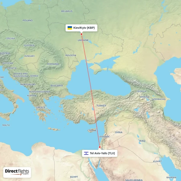 Kiev/Kyiv - Tel Aviv-Yafo direct flight map